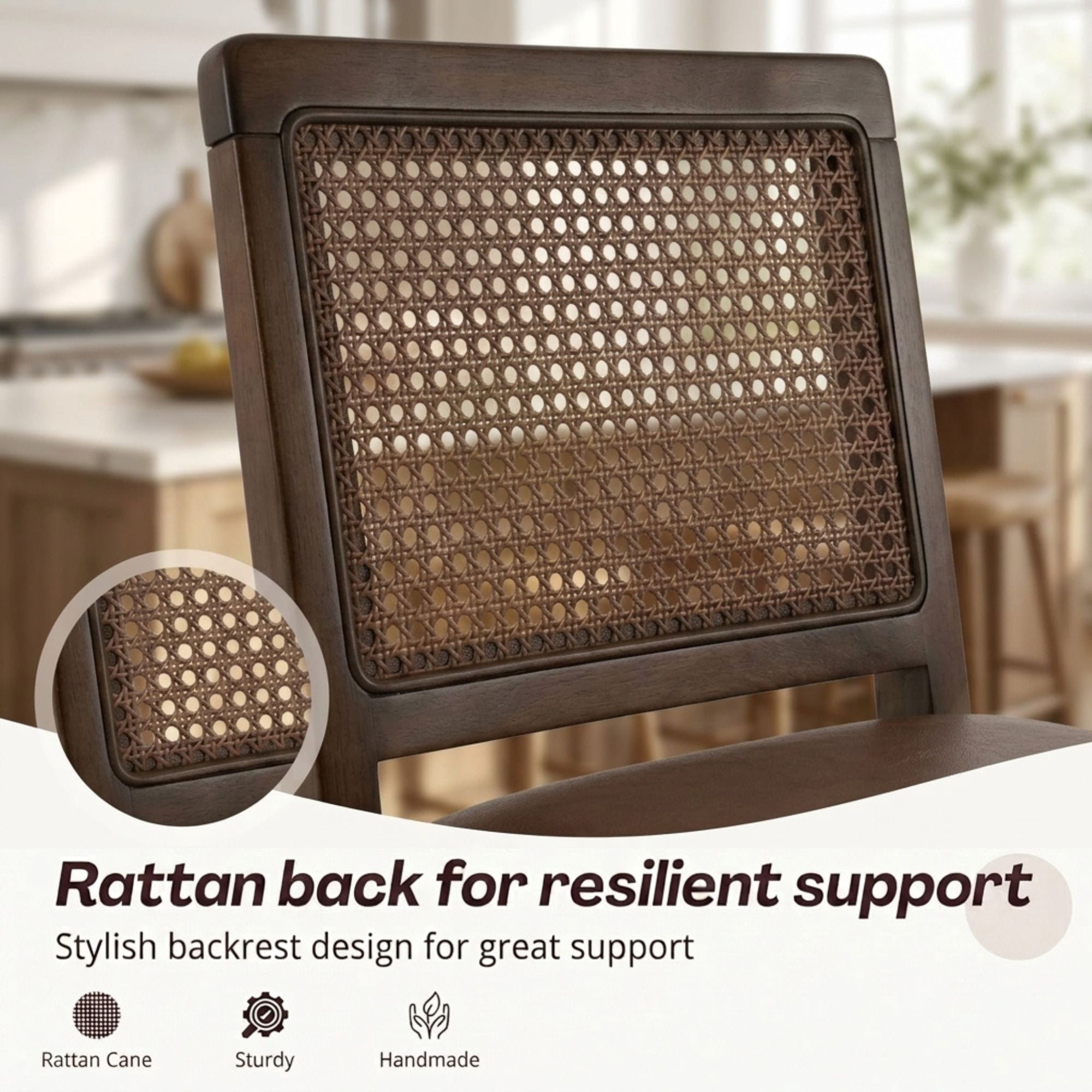 Guyou 26" Rattan Bar Stools Set of 2, Farmhouse Faux Leather Upholstered Counter Height Stools with Cane Woven Back, Mid-Century Modern Wooden Bar Chairs for Kitchen Island, Walnut Brown