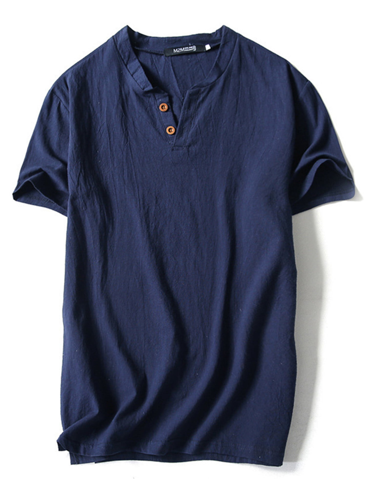 UKAP Mens Tees Cotton Linen T Shirt Retro Style Tops Simple Work Tunic Navy Blue-2 2XL