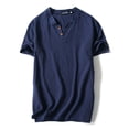 thumbnail image 1 of MAWCLOS Hommes T-Shirts Coton Lin Tops Couleur Unie T-Shirt Plage Décontracté Style Rétro Pull Bleu Marine-2 4XL, 1 of 2