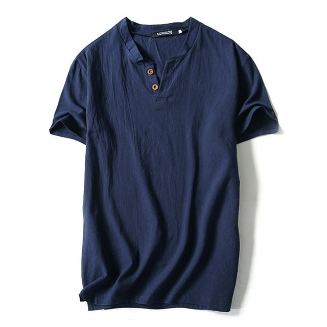 MAWCLOS Hommes T-Shirts Coton Lin Tops Couleur Unie T-Shirt Plage Décontracté Style Rétro Pull Bleu Marine-2 4XL