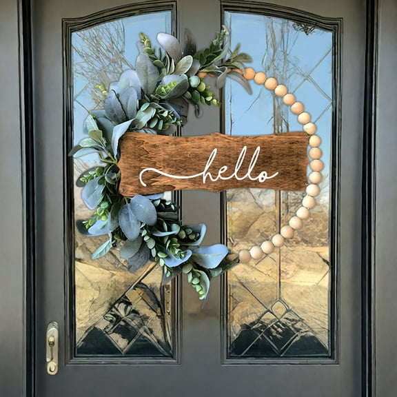 12.6 Inch Eucalyptus Wreath with Hello Sign, Wood Beads Year Round Greenery Wreaths for Front Door Garden Windows Farmhouse Indoors Outdoor Home Decor
