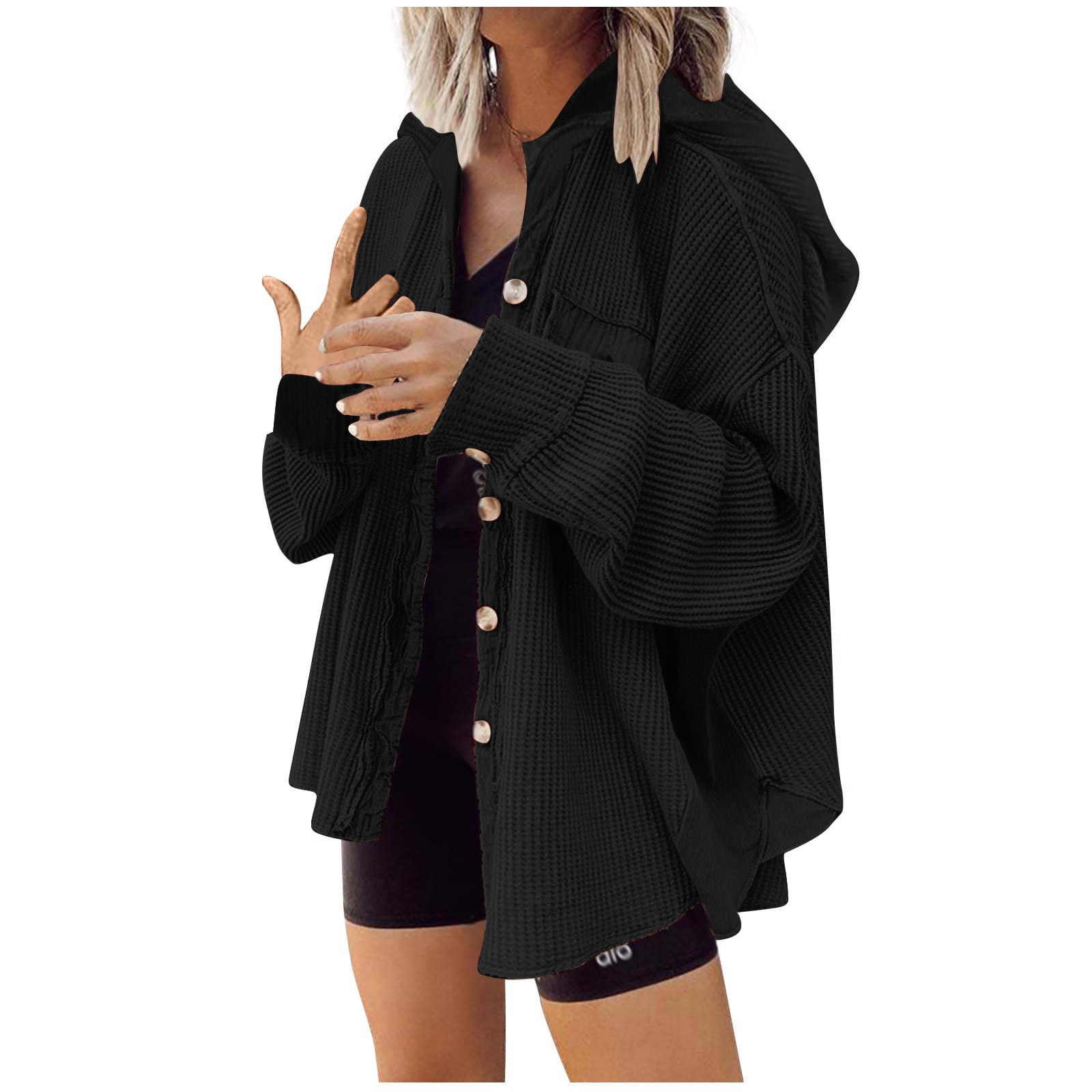 nerohusy Womens Waffle Knit Plaid Shacket Boyfriend Button Down Shirt Hooded Jacket Lightweight Loose Long Sleeve Tops 2024 Black,XXL