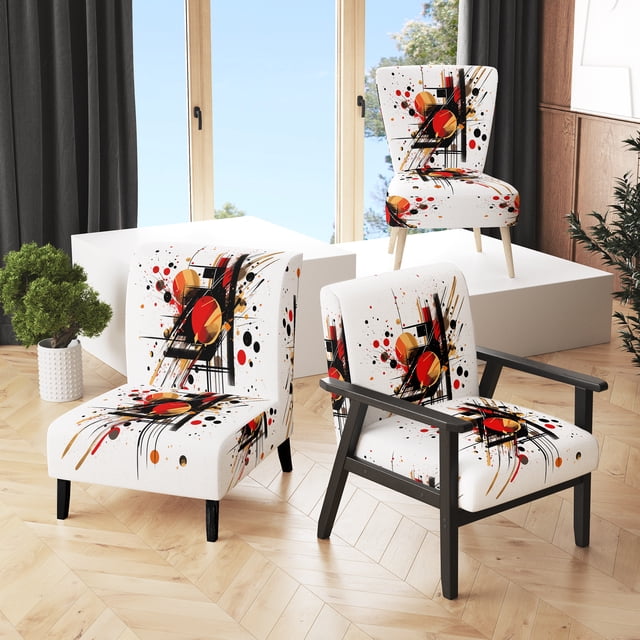 Designart "Abstract Symphony in Red and Black II" Red Abstract Upholstered Accent Chair - Modern Arm Chair For Bedroom