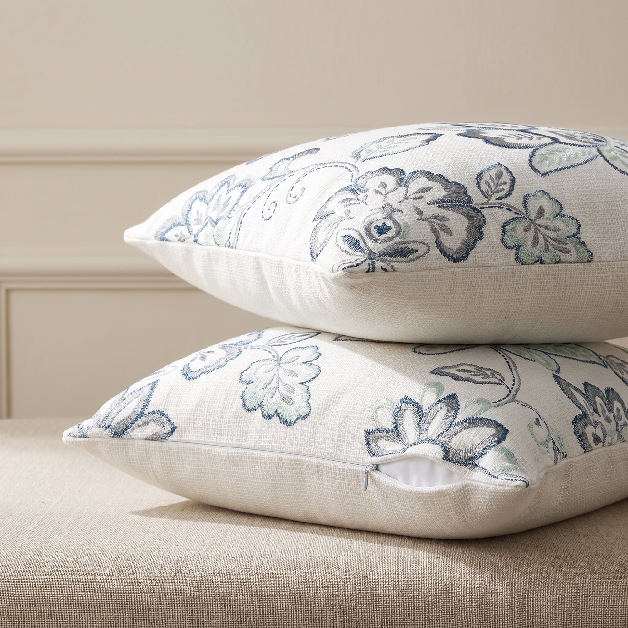 Unique Bargains Embroidered Floral Throw Pillow Cover Rustic Cushion Case Blue 18"x18"