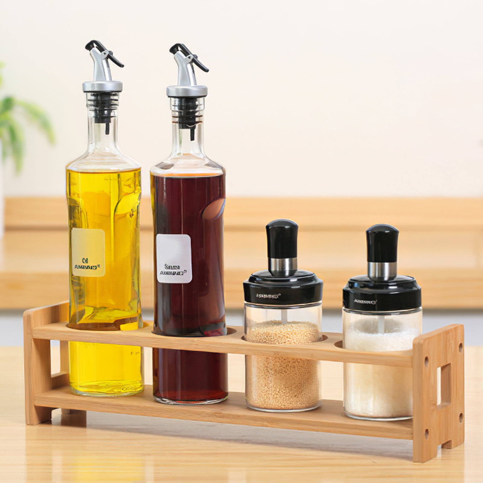 Kitchen Oil Vinegar Condiment Bottle Holder Wooden Liquor