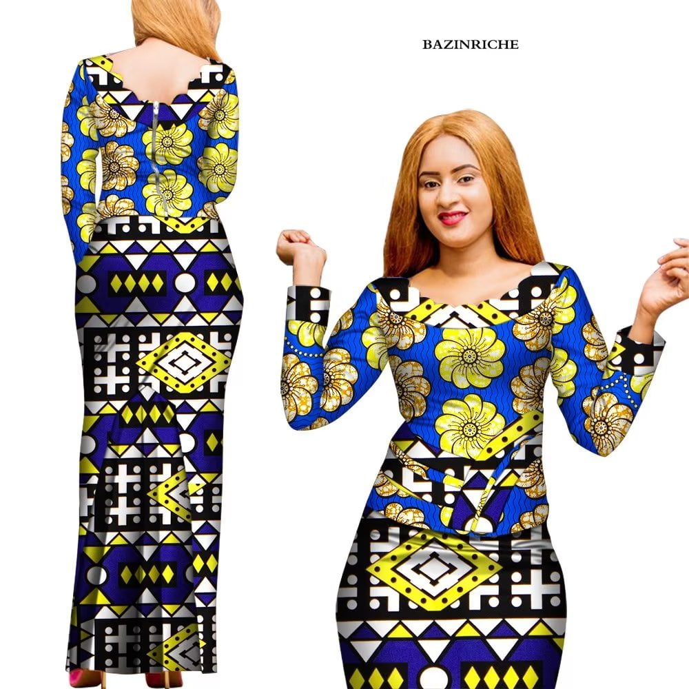 2 Pcs Skirt and Top Set Long Sleeve Blouse and Long Skirt Ankara Outfit African Clothes for