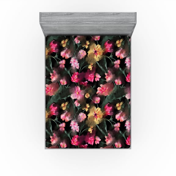 Ambesonne Jungle Boho Fitted Sheet, Flowers Garden Blooms, Full Size, Pale Yellow and Hot Pink