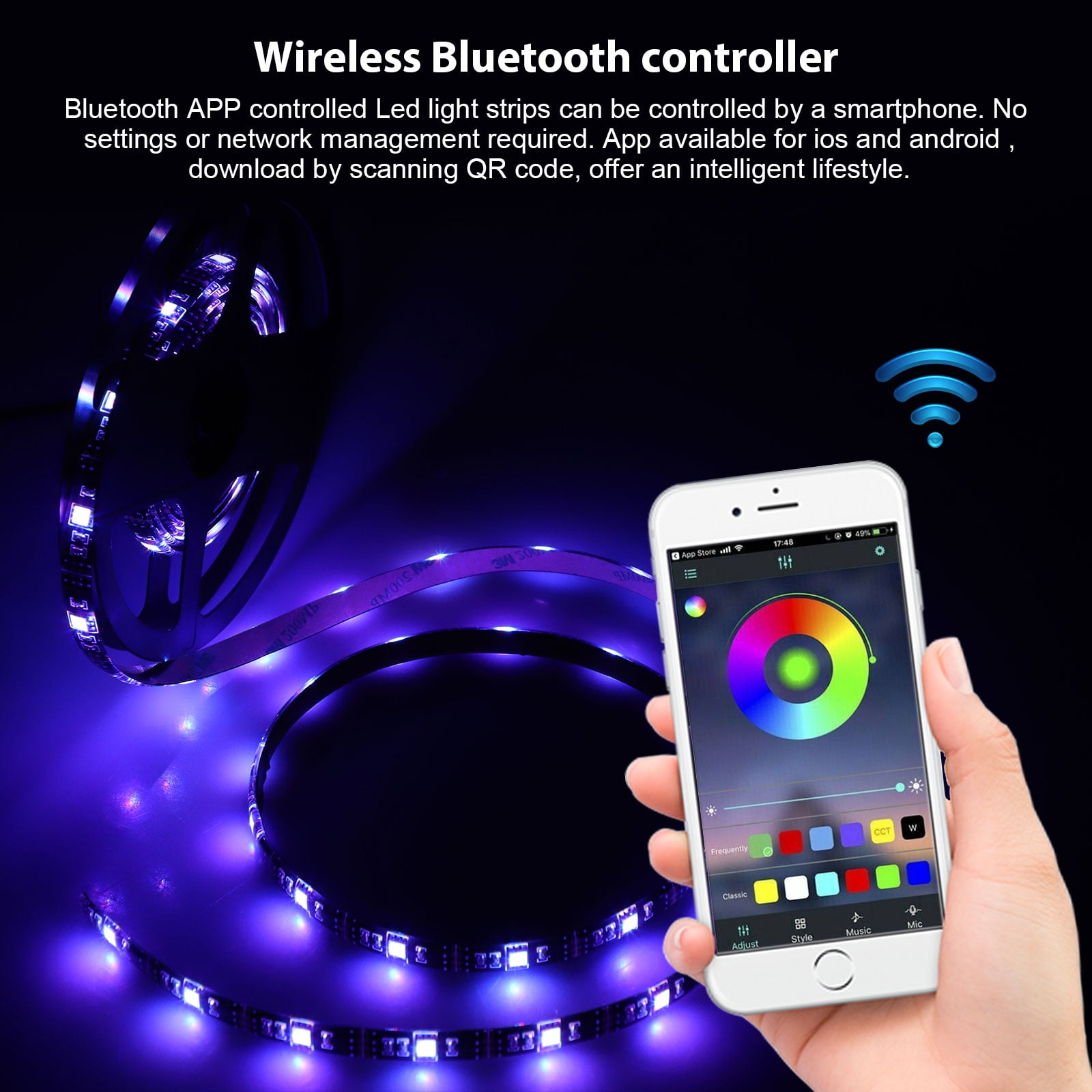 5M/4M/3M/2M/1M LED Strip Lights, Bluetooth LED Light Strips Wireless Music RGB Tape Lights with Remote Color Changing Rope Lights Smart Phone App Control for Home Parties Birthday Bar Club Decoration