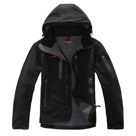 (Black-XL)Winter Real Men Hooded Softshell for Windproof and Waterproof Clothes Soft Soft Shell