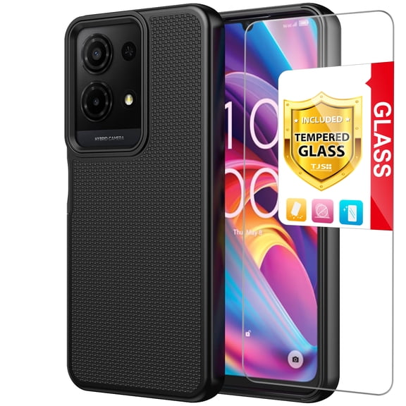 TJS Phone Case for TCL K32 5G / K33 5G, with Tempered Glass Screen Protector, Slim Dual Layer Hybrid Shockproof Rugged Phone Cover (Black)