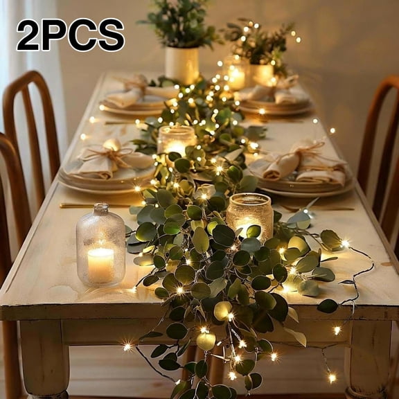 Lighted Artificial Eucalyptus Garland Battery Operated Faux Vine Lights with Timer for Spring Wedding Backdrop Wall Decoration