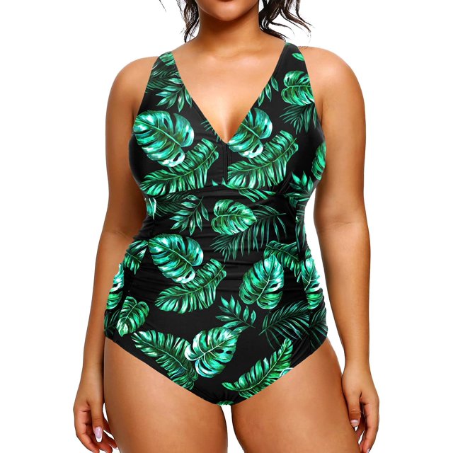 GHSDFBB Women Plus Size One Piece Swimsuits V Neck Tummy Control Bathing Suits Retro Ruched Swimwear