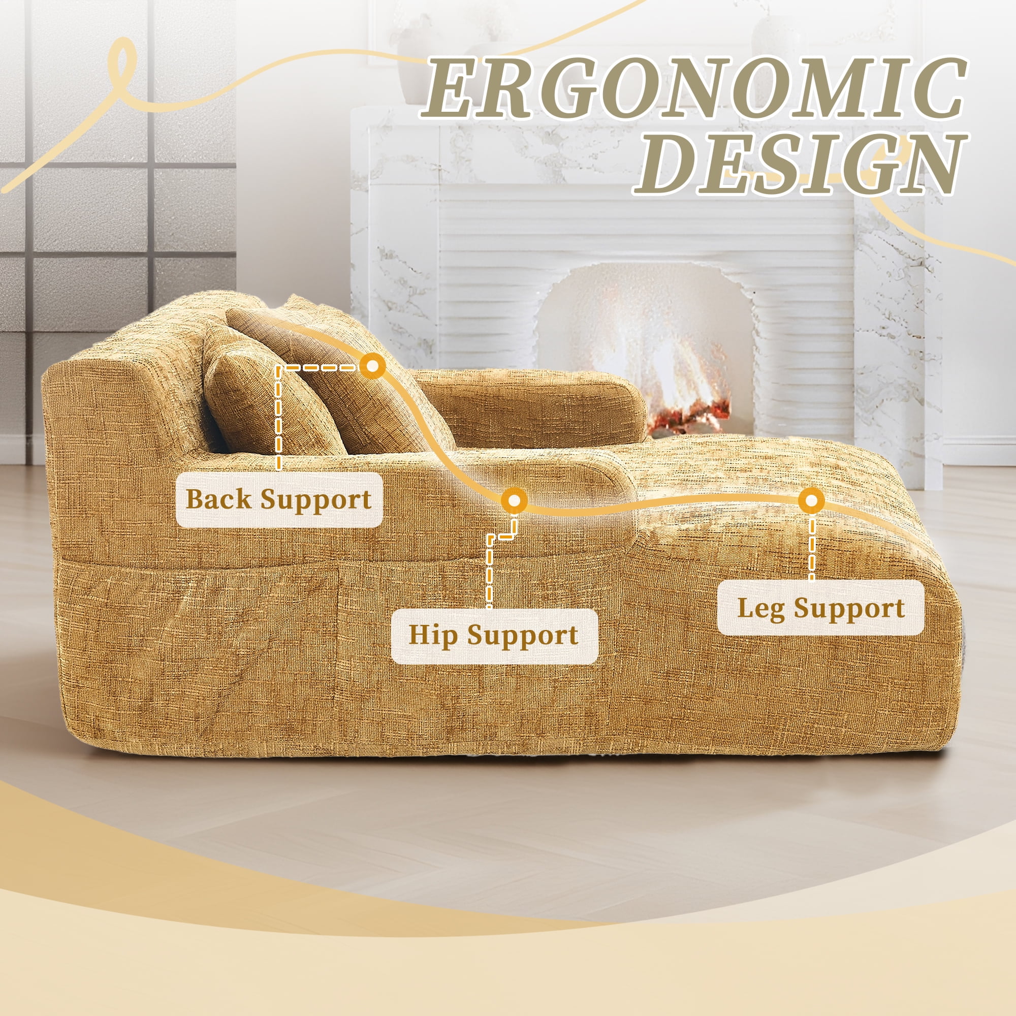 MOONMISS Oversized Chaise Lounge Chair Indoor Furniture, No Assembly Required, Plush Chenille Cloud Floor Sofa Bed for Living Room,Yellow