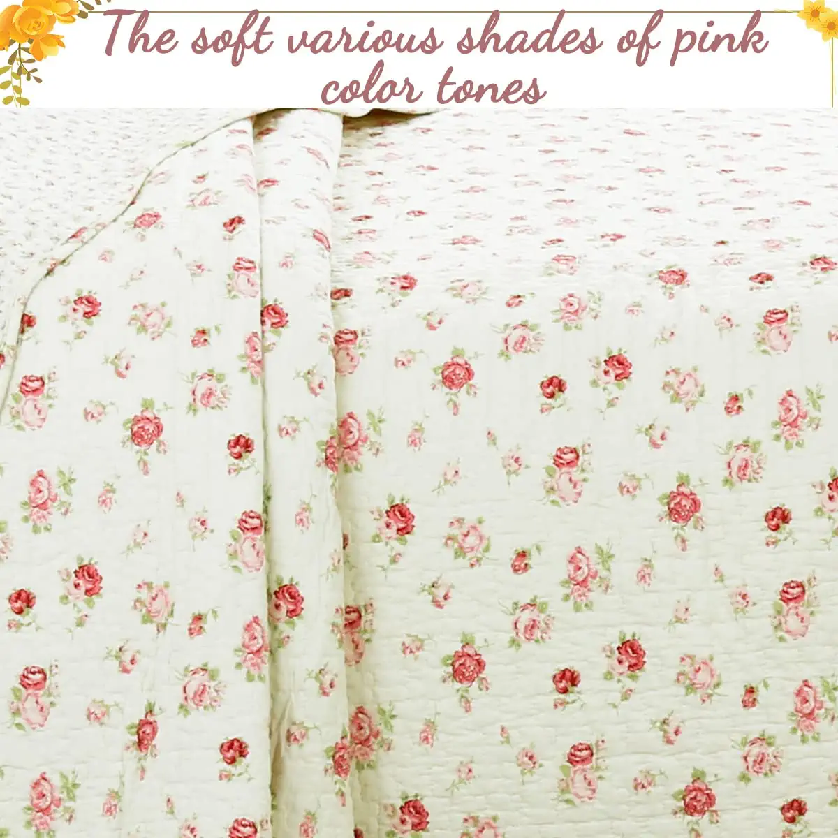 Cozy Line Home Fashions Floral Pink Rose Garden 3-Piece Quilt Bedding Set, King