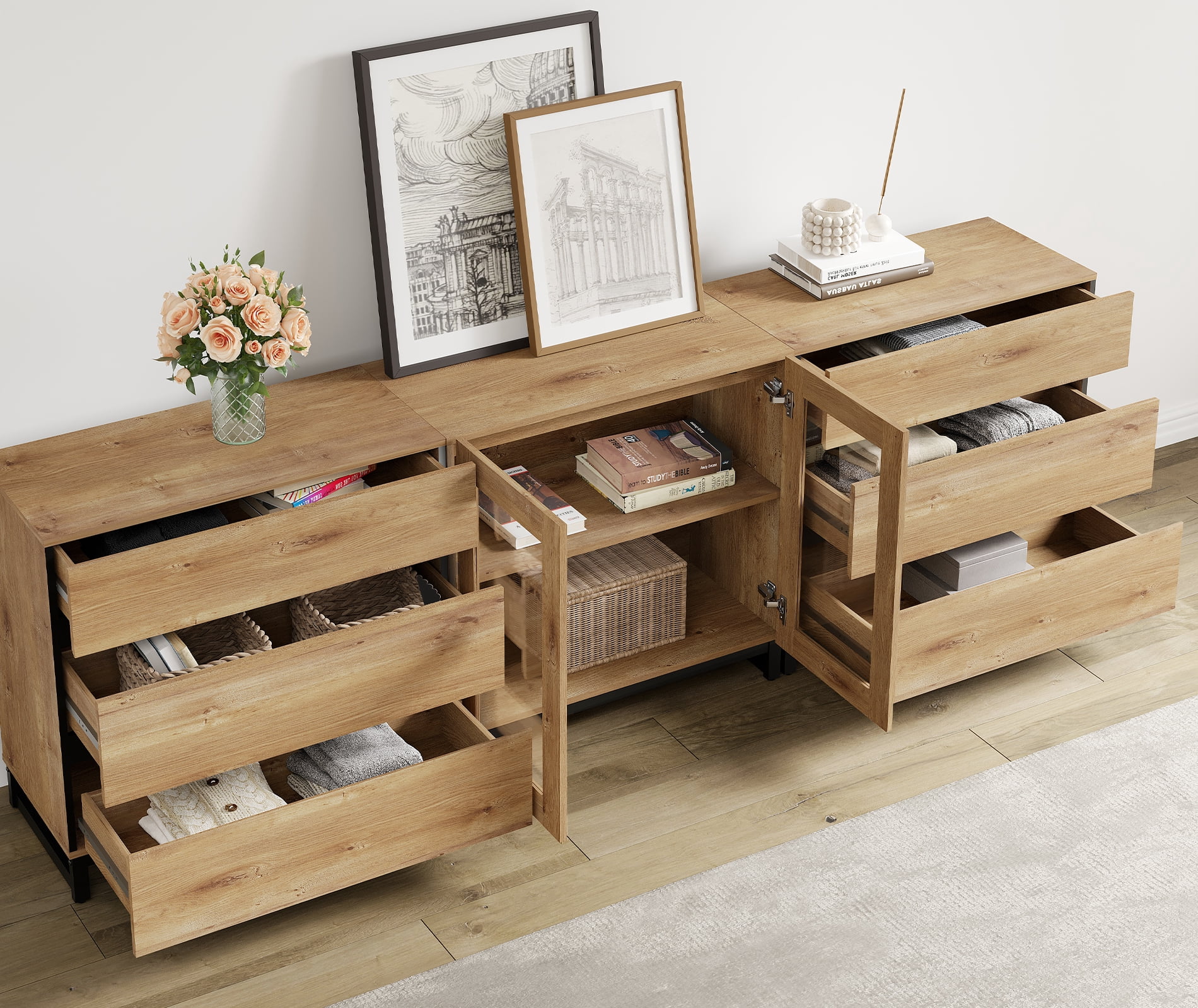 3 In 1 Multifunctional Dresser with Glass Doors & 6 Drawers, Modern Chest of Drawers with Adjustable Shelf and Metal Base, Household Storage Cabinet for Bedroom,Oak