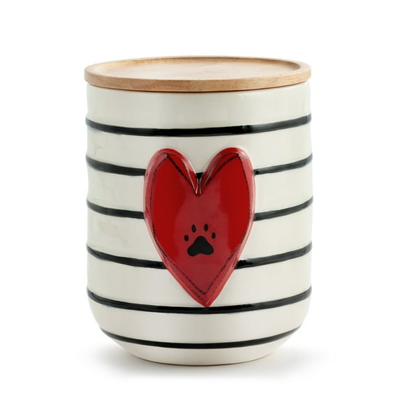 Demdaco Pawprint Heart Red and White 8 x 6 Wood and Ceramic Canister With Lid