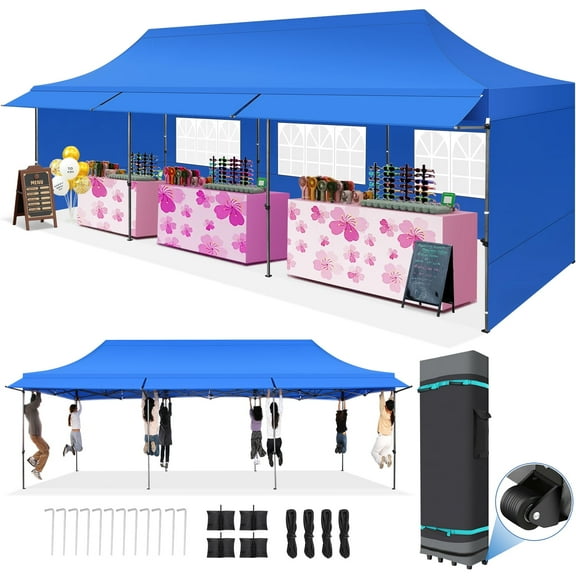 COBIZI 10x30 Heavy Duty Pop Up Canopy for Party Wedding Outdoor Events, Waterproof 420D PU Oxford UPF 50 , Removable Awning & 5 Sidewalls, Easy Set-Up with 1080D Roller Bag,Blue