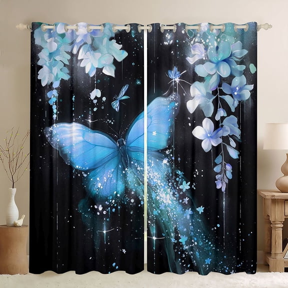 Castle Fairy Blue Floral Butterfly Blackout Curtains Set of 2 (52x84 Each) for Kids Children Teens,Dreamy Princess Window Curtains,Abstract Gradient Curtains and Drapes,Luxury Bedroom Decor