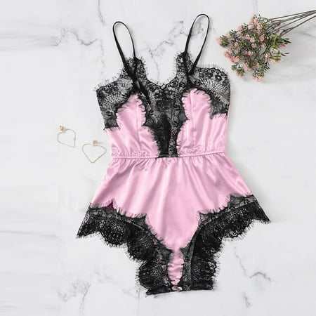 Xysaqa Women Lingerie  One-Piece Silk Babydolls Bodysuit  Satin Lace Trim Deep V Neck Body Suit  Women s Teddy Nightwear