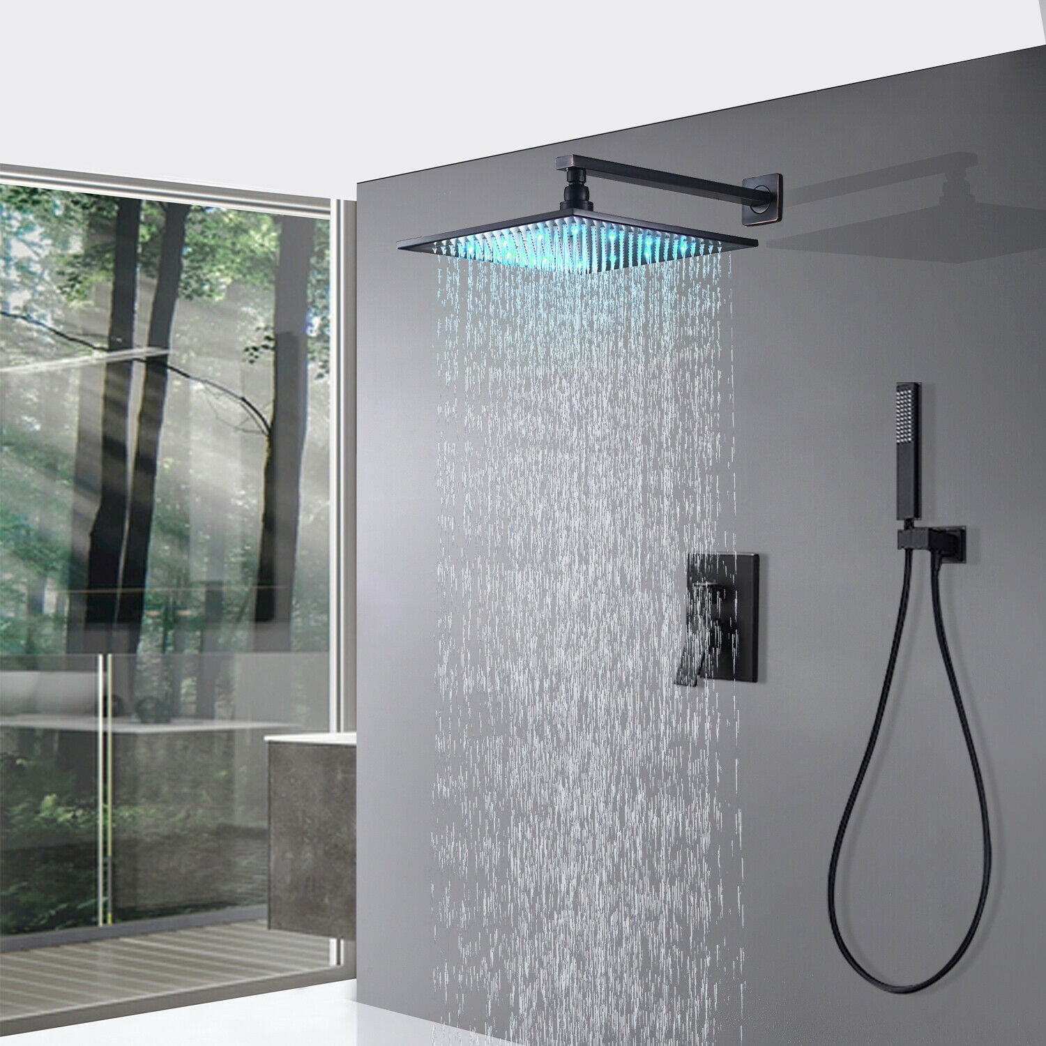 Senlesen 8'' Matte Black Rain Shower Combo Kit Set Wall Mount LED
