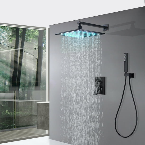Senlesen 8'' Matte Black Rain Shower Combo Kit Set Wall Mount LED