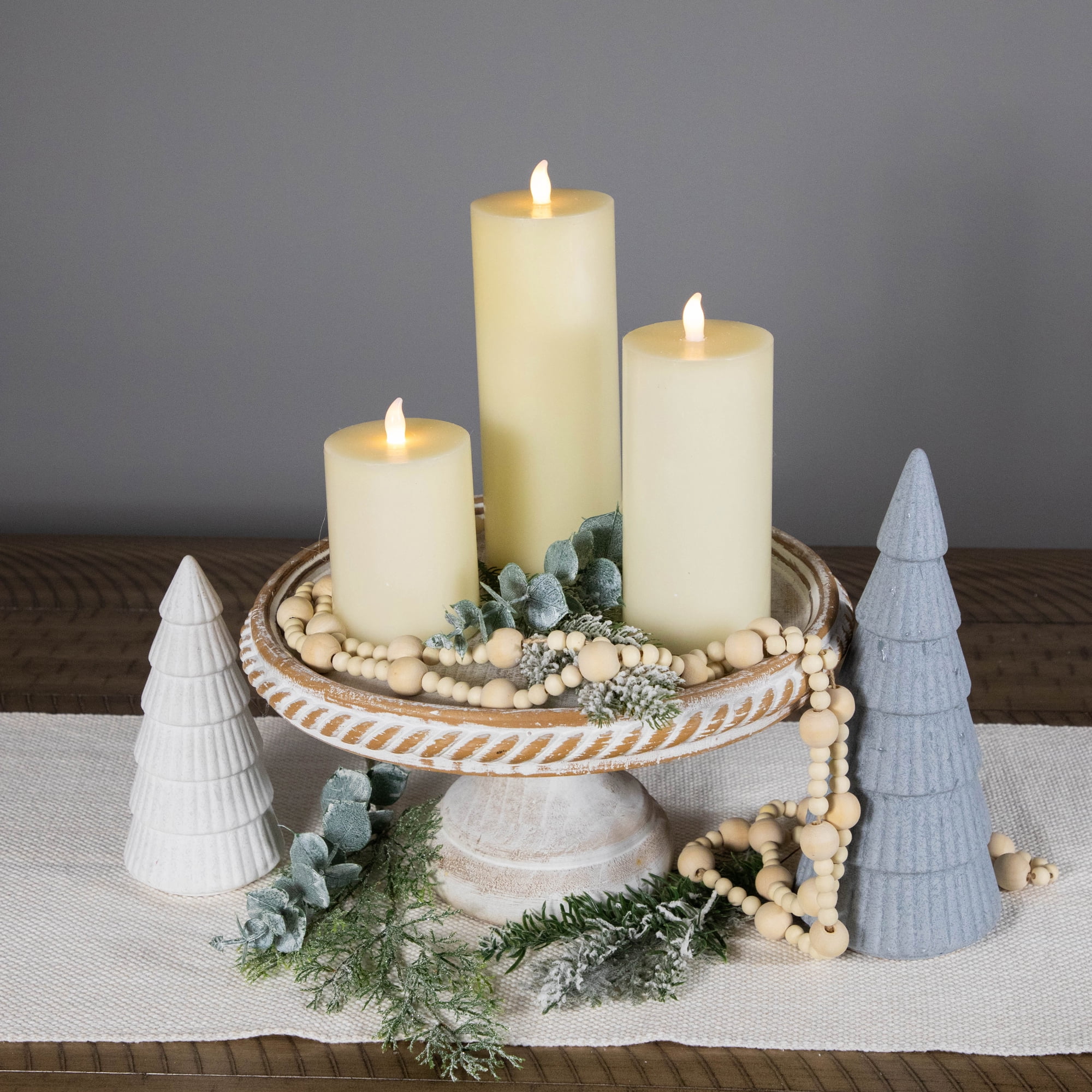 Set of 3 Flameless Ivory Flickering LED Christmas Wax Pillar Candles 8"