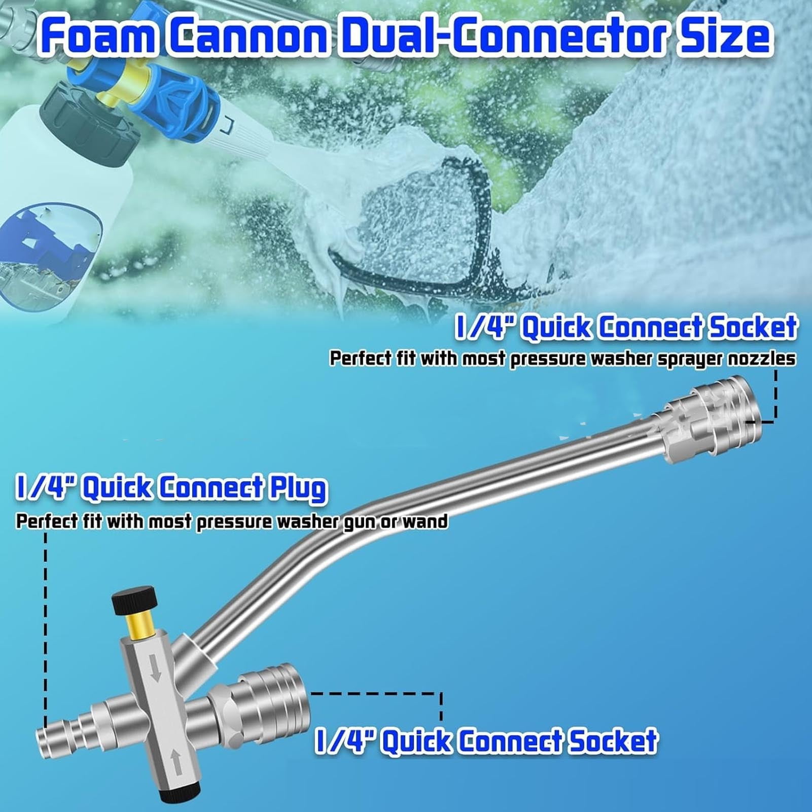 BIMZUC Dual Connector Pressure Washer Wand Stainless Steel 6000 PSI Multifunctional Foam Cannon Accessory with Double Tip Attachment