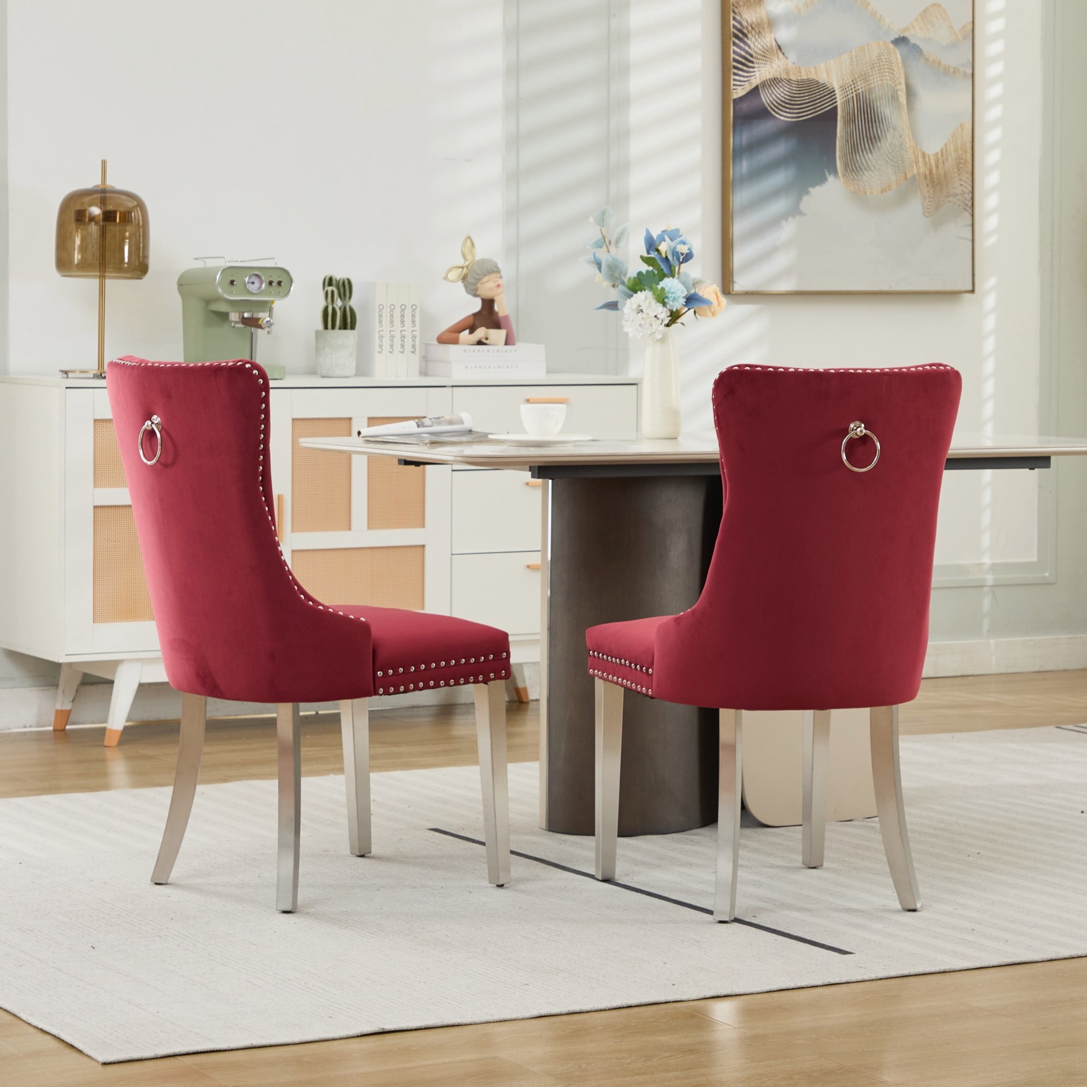 Noble House Set of 2 Upholstered Velvet Dining Chairs, Tufted Back, Chrome Legs, Wine Red