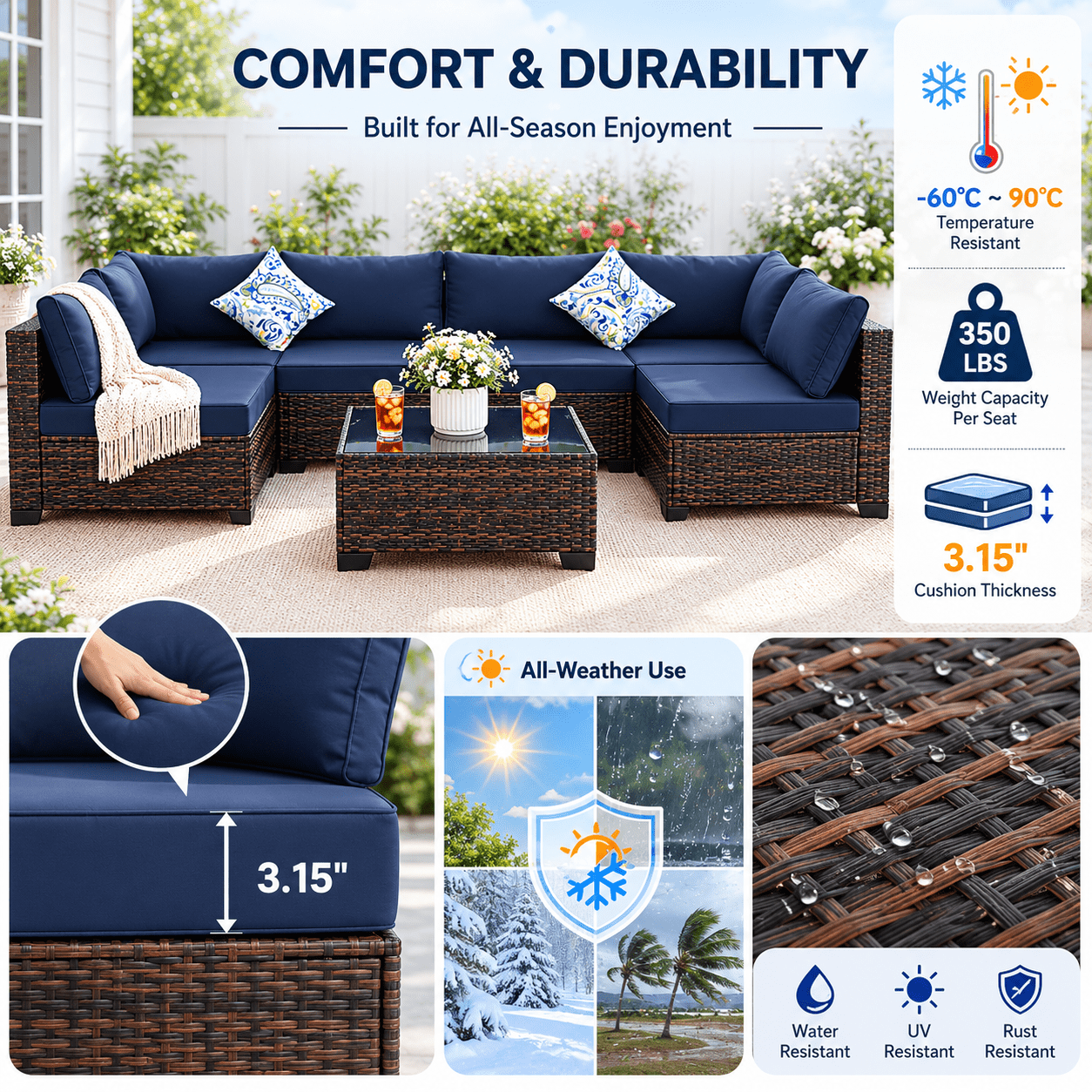 7 Piece Patio Furniture Sets Outdoor Sectional PE Rattan Outdoor Furniture Patio Conversation Set with Cushions and Glass Coffee Table, for Balcony Lawn and Garden, Blue