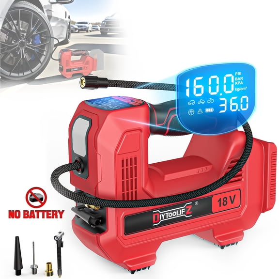DIYtoolifz Cordless Tire Inflator Compatible For 18V Battery, 160PSI Portable LED Light Handheld Air Pump With Digital Pressure Gauge For Cars Motorcycles Bikes Sports Balls(NO Battery)