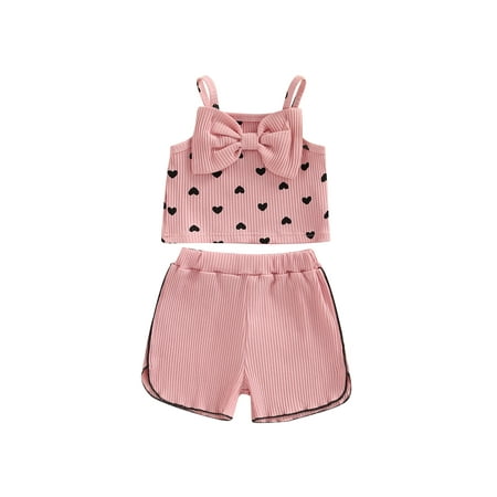 

wybzd Toddler Girl Summer 2PCS Set Heart Pattern Print Sleeveless Big Bow-Knot Decor Vest Tops and Shorts 6 Months-4 Years