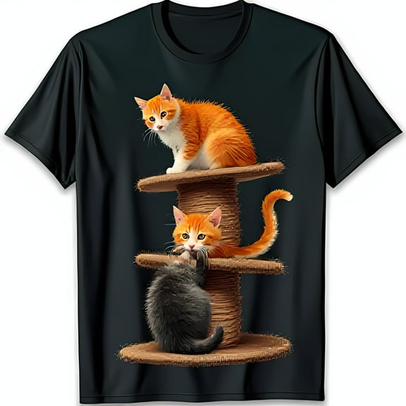 Playful Tabby Cats on Cat Tower Black Graphic T-Shirt for Cat Lovers