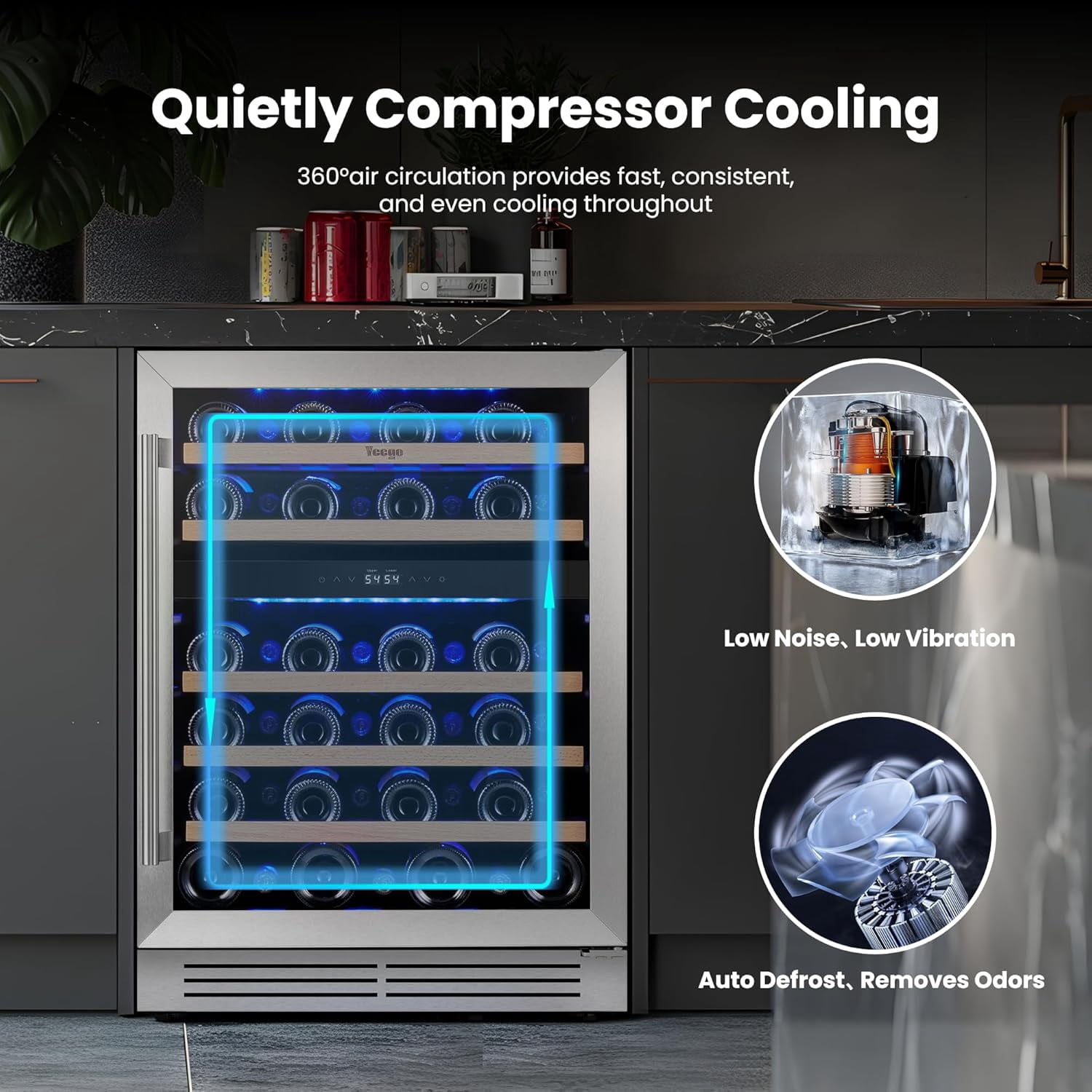 Yeego 24 Inch Dual Zone Wine Fridge Cooler, Holds 52 Bottles, 40-65°F Wine Refrigerator with Glass Door, Built-in and Freestanding Under Counter