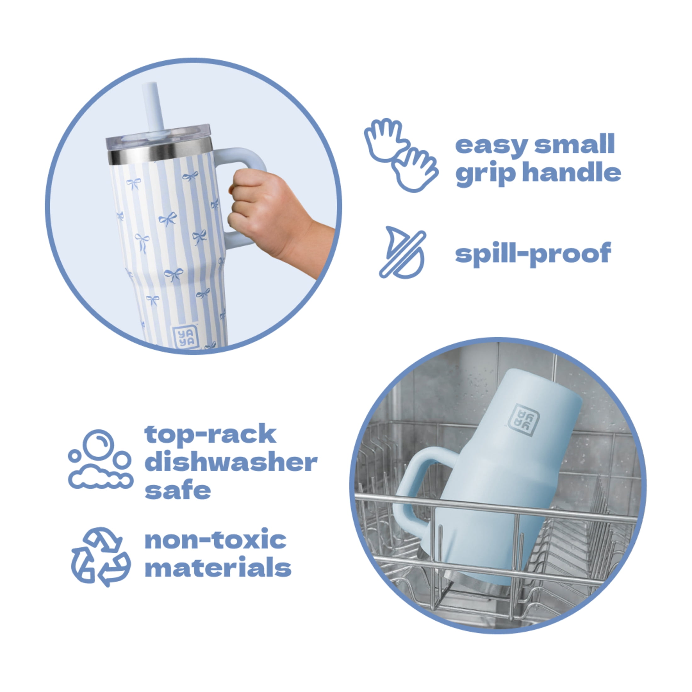 YAYA Mom & Me Tumbler Set, Matching Insulated Stainless Steel Tumblers with Spill-Proof Toddler T umbler & Reusable Straw, Ergonomic Grip Handle, Dishwasher Safe, 40oz + 12oz, Bows