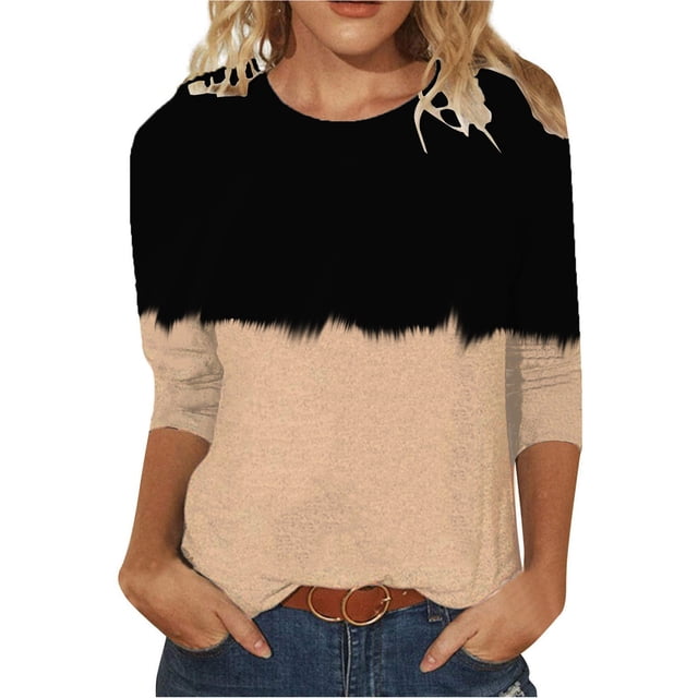 Fanxing Hauts à Manches 3/4 pour Femmes Été Color Block Col Rond Chemises Henley Blouses Habillées Décontractées Amples Basiques Khaki,m