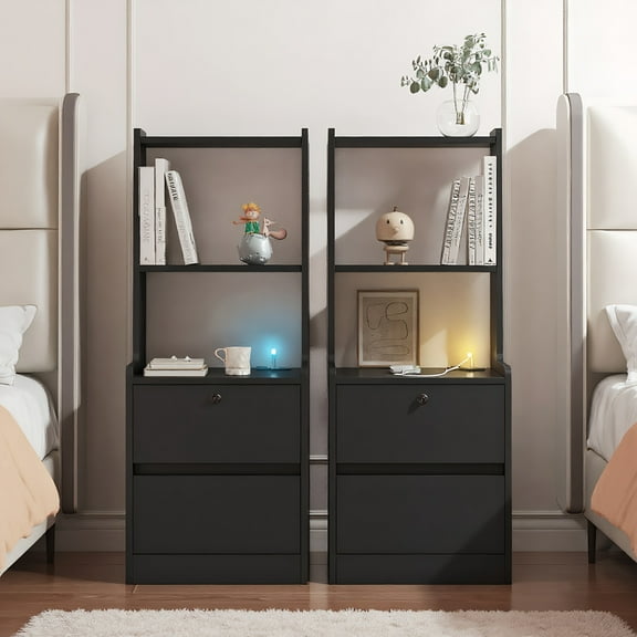 Resenkos Nightstands Set of 2, Smart Design with Charging Station & Night Light, Modern Style with Bookshelf, Storage Cabinet for Bedroom - Black