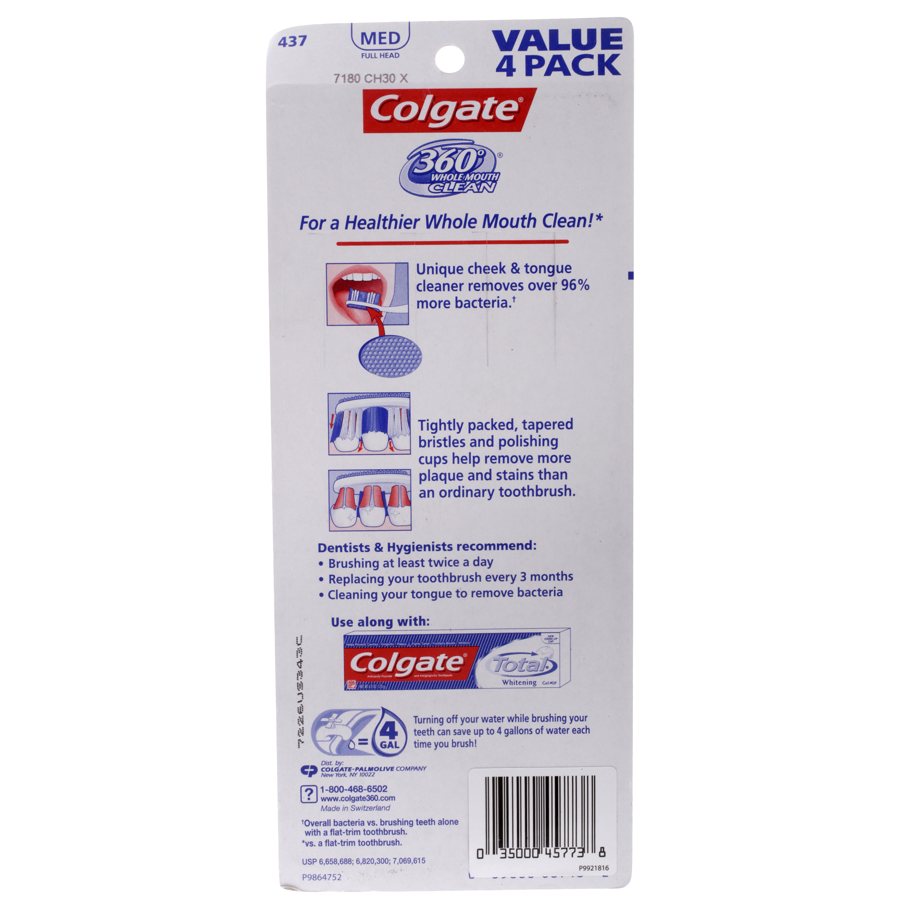 Colgate 360 Degree Whole Mouth Clean Medium Bristle Toothbrush, 4 pack