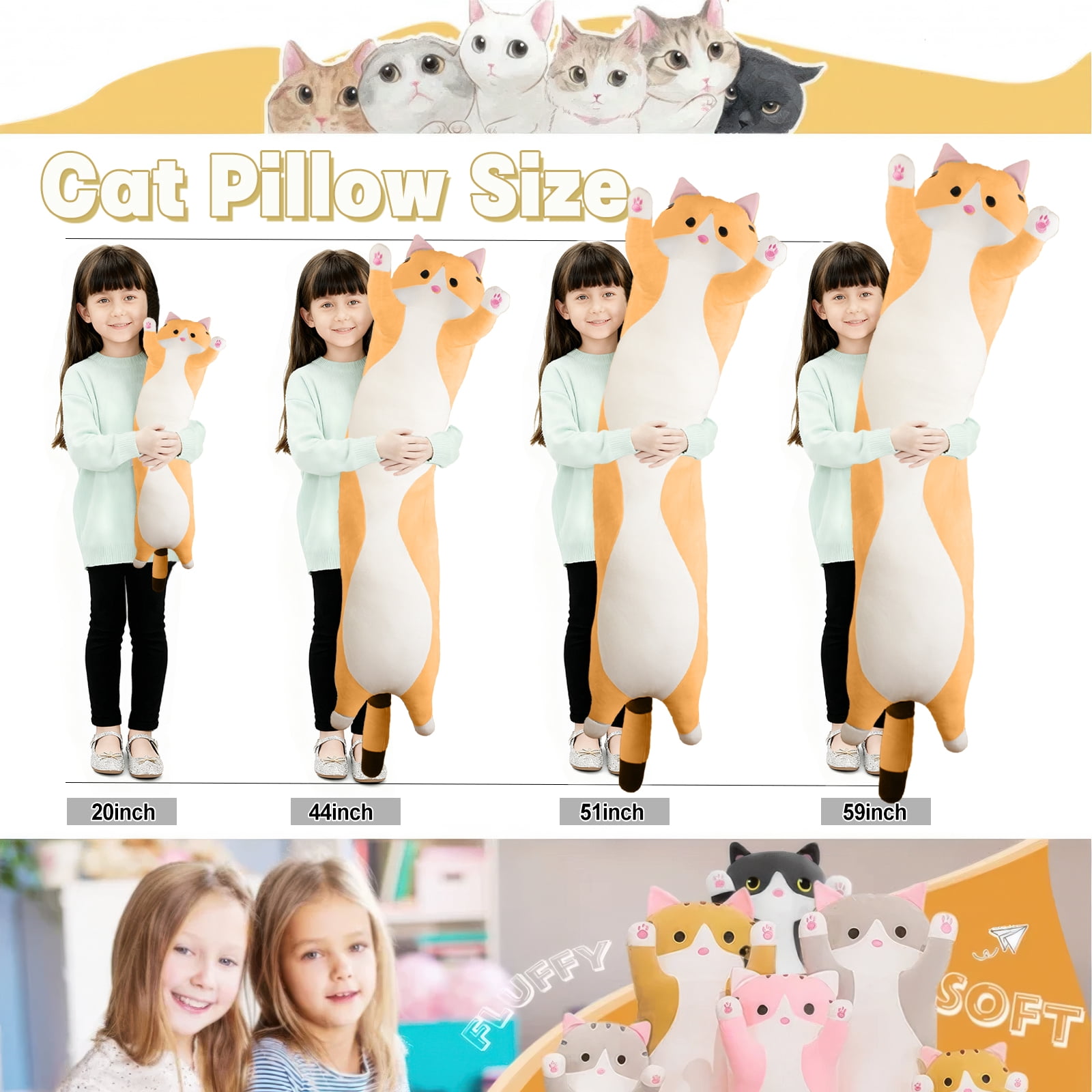 SANMADROLA Giant Long Cat Plush Body Pillow 44” Cute Cat Large Stuffed Animals Soft Plushies Kitten Plush Throw Pillow Doll Toy Gift for Girlfriend