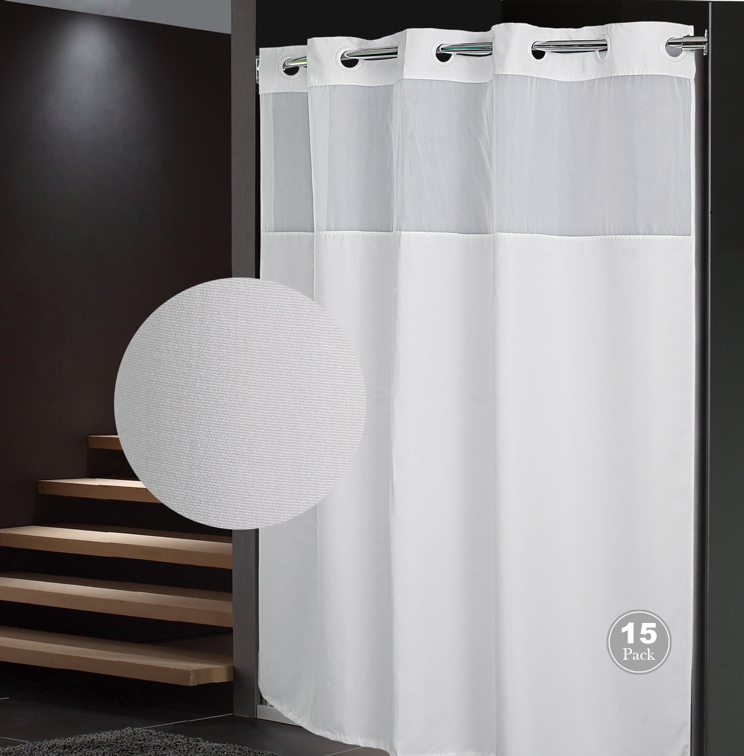 FBTS Prime 71x74 inch White Plain Fabric Hook Less Shower Curtains with