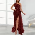 thumbnail image 4 of Quixlent Women Evening Dress One Shoulder Sleeveless Shiny Sequin Padded Feather Decor High Split Solid Color Slim Fit Tight High Waist Floor Length Prom Party Banquet Lady Gown Maxi Dress, 4 of 8