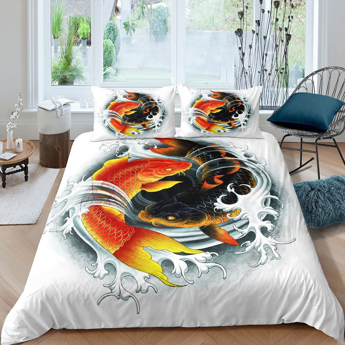 Koi Fish Duvet Cover Set Carp Yin Yang Bedding Set Traditional Chinese Ink Art Comforter Cover