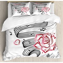 Tattoo Duvet Cover Set, Language of Love Musical Note Inspiration on Music Sheet with Rose Hearts, Decorative 3 Piece Bedding Set with 2 Pillow Shams, Queen Size, White Black and Pink, by Ambesonne