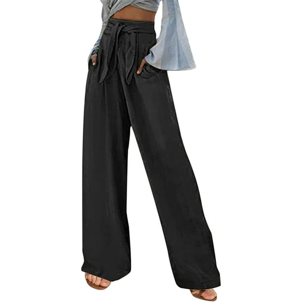 2023 - Pantalones de lino de algodón para mujer, cinturón de pajarita, pierna ancha, pantalones de yoga palazzo, pantalones de verano para la playa, pantalones casuales elegantes 01*Negro M 01*Negro M Xishao ropa