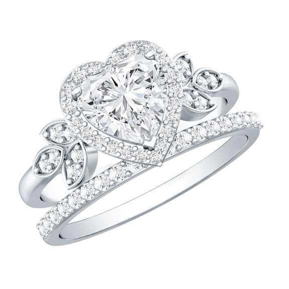 Rosec Jewels Lab Grown Diamond Heart Shaped Wedding Bridal Ring Set of 2 - Diamond Engagement Ring with Enhancer - EF-VS Quality, 925 Sterling Silver, US 4.00