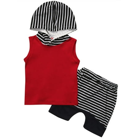 

Yinyinxull 2Pcs Kids Baby Boys Clothes Sets Hooded Vest Tank Tops Stripe Shorts Outfits Red 6-12 Months