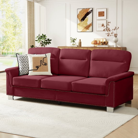 Muumblus 84" Velvet Sofa, Modern Deep Seat 3-Seater Couch with Nailhead Trim, Curved Arms and Metal Legs for Living Room, Red