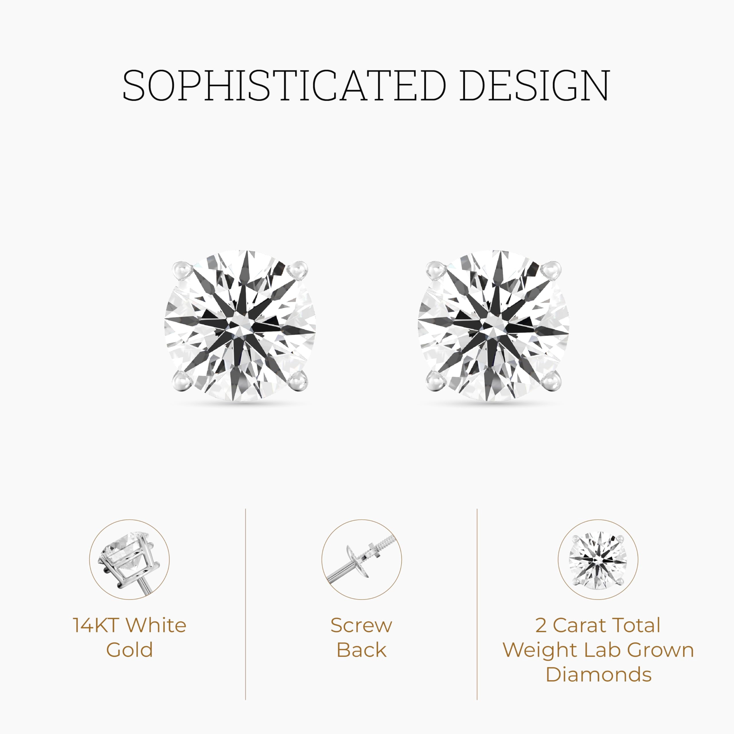 Gilded 2 Carat Total Weight IGI Certified Lab-Grown Diamond 14KT White Gold Stud Earrings for Women| Hypoallergenic Fine Gold Jewelry| 4-Prong Basket, Push Back Nut|VSI1 Clarity, E-F Color, Round Cut