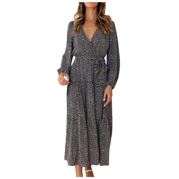 Winter Fall Dresses for Women Long Sleeve Wrap Vintage Tiered Split Fall Belted Flowy Midi Long Dress