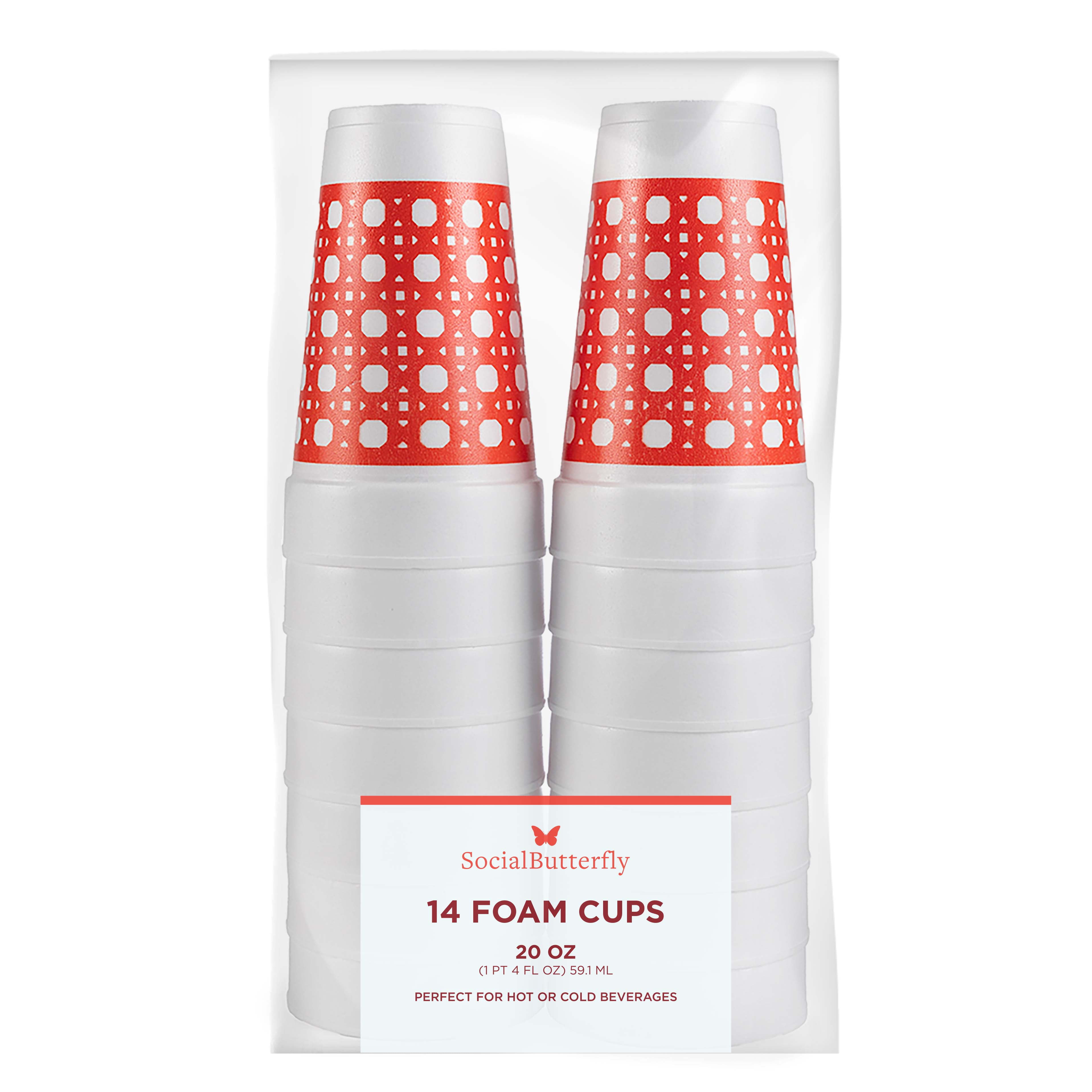 Social Butterfly Disposable Foam Cups, 20 oz, Red Cane Pattern, 14 Count