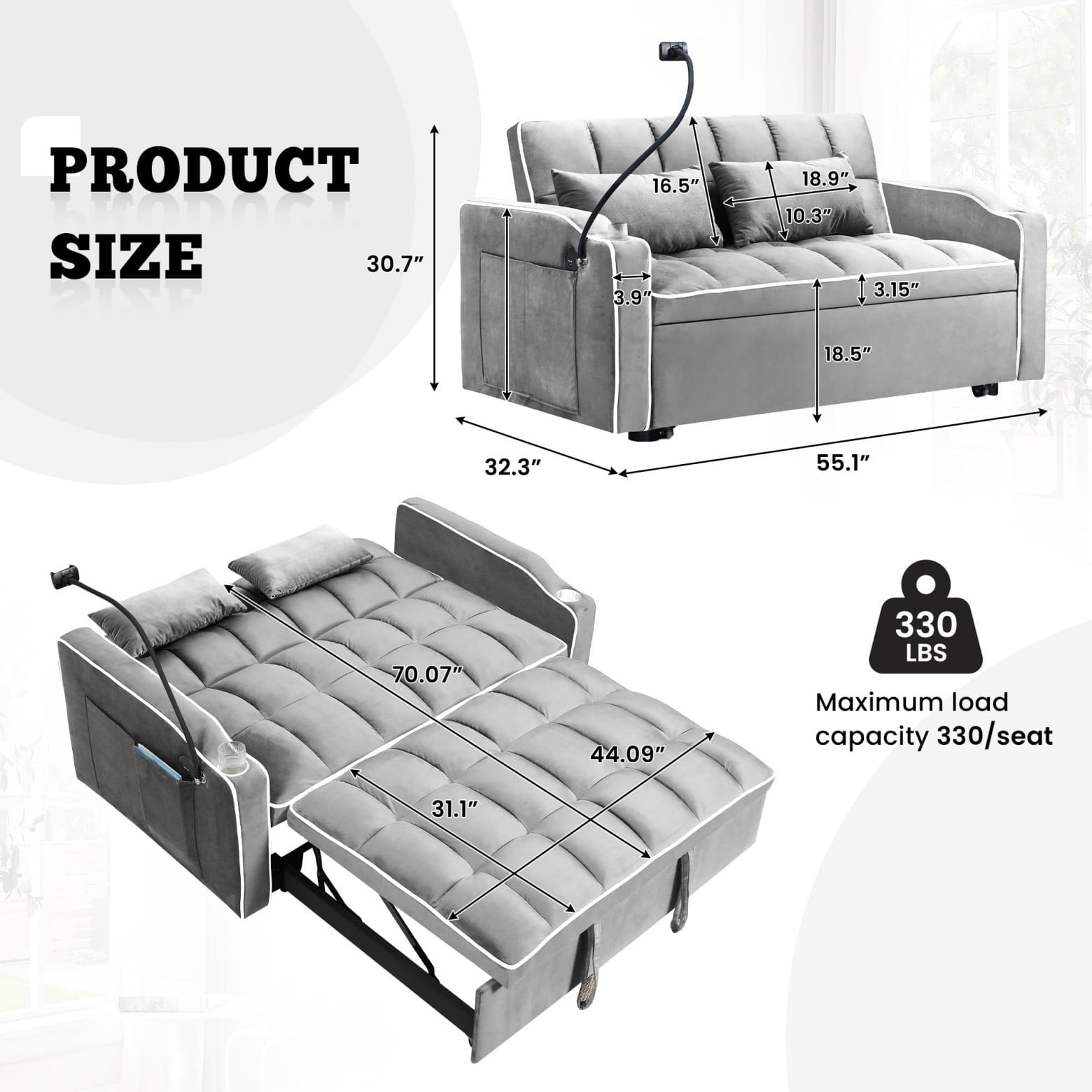55" 3 in 1 Convertible Sofa Bed with Phone Holder, Loveseat Couch with Pull Out Bed, Space-Saving Apartment Sofa, Light Gray